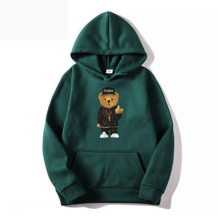 Nær detalj av unikt bjørnemotiv på dame hettegenser, trendy sweatshirt for kvinner.