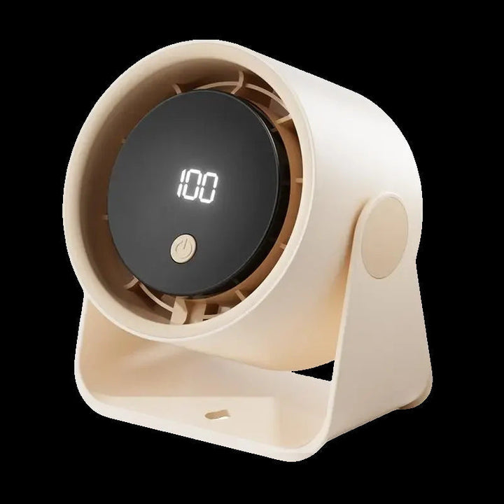 Hvit bærbar mini vifte, perfekt for skrivebord, hjemmekontor. Gir stille og effektiv kjøling om sommeren.