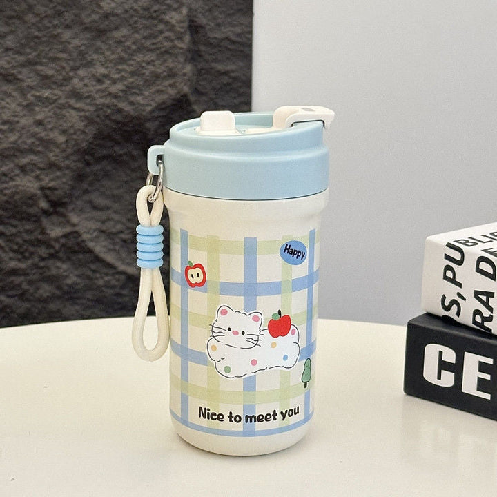 Fargerik isolerende drikkeflaske med kaninmotiv, 600 ml, ideell for hverdag og reise.