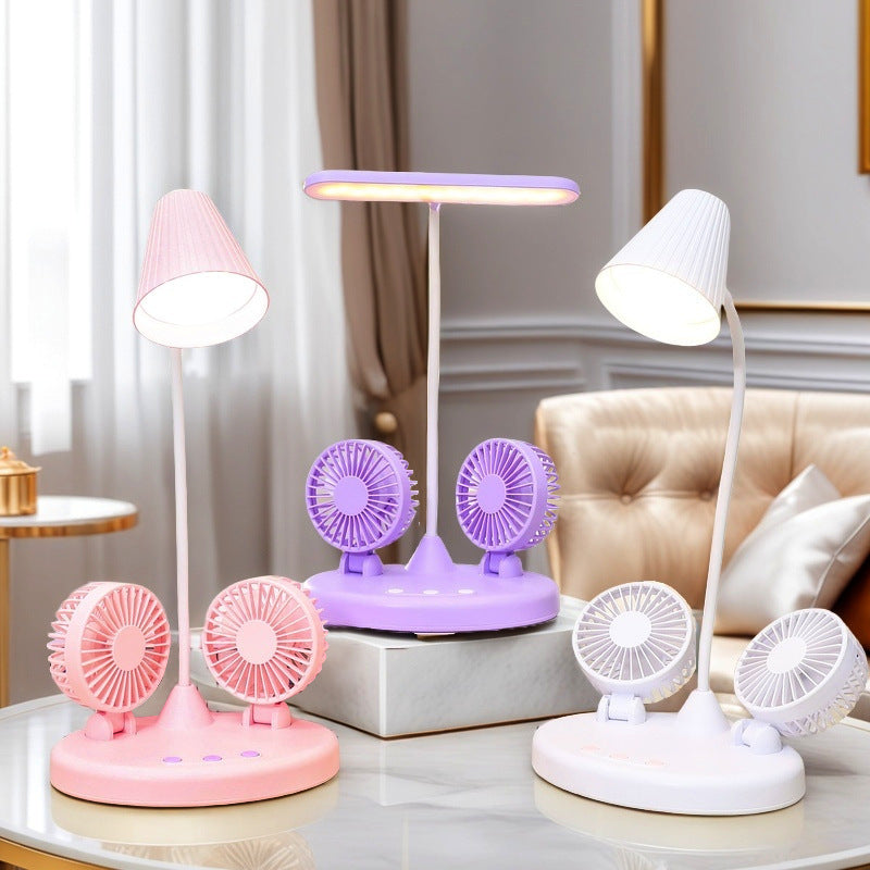 Lilla multifunksjonell LED bordlampe med integrert vifte, ideell for skrivebord og hjemmekontor.