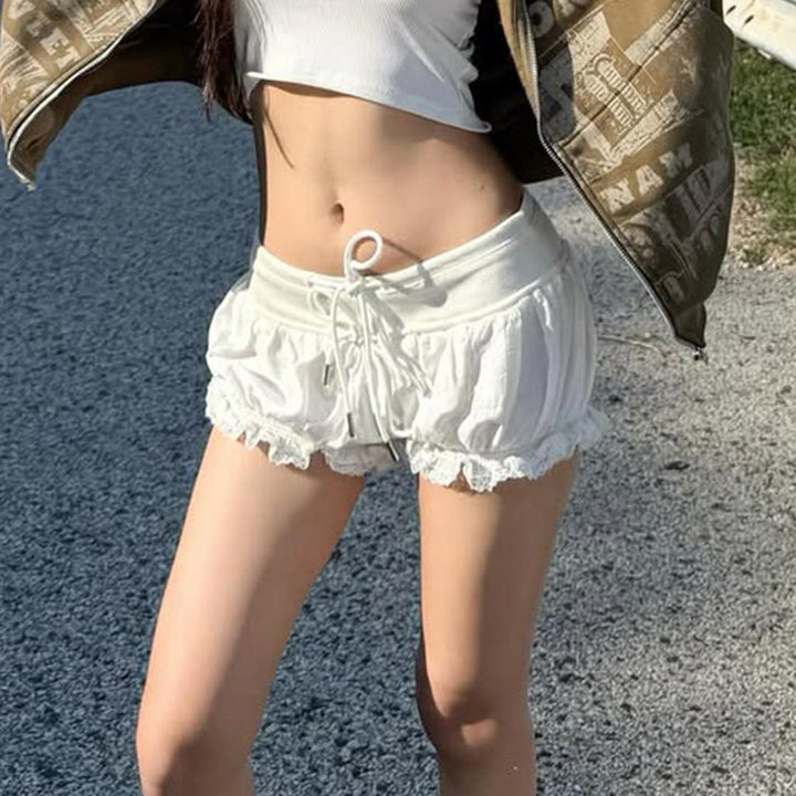 Rutete dame pyjamasshorts for vår/sommer, mykt nattøy med blonder og behagelig elastisk midje.