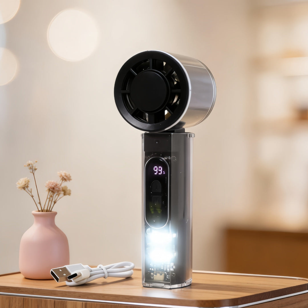 Digital håndvifte med nøyaktig temperaturvisning og LED-lys, perfekt for å holde oversikt og kjøle deg ned.