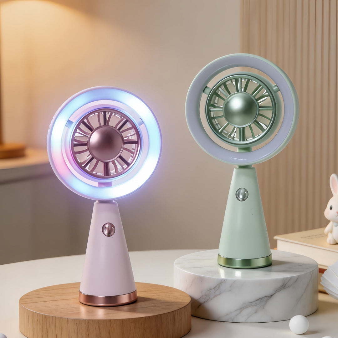 Kompakt USB-vifte med stemningsfullt LED-lys, ideell for hjemmekontor og kjølige dager.