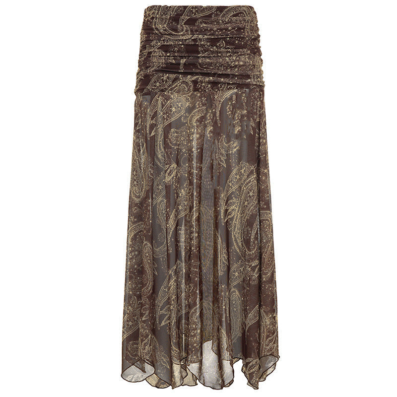 Trendy asymmetrisk dameskjørt med livlig brunt paisley-design. Ideelt vår- og sommerskjørt for mote.