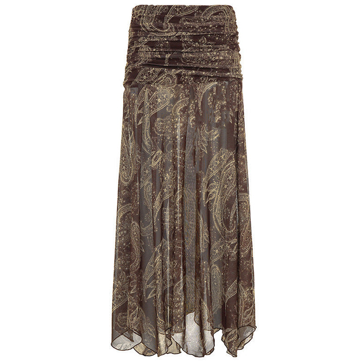 Trendy asymmetrisk dameskjørt med livlig brunt paisley-design. Ideelt vår- og sommerskjørt for mote.