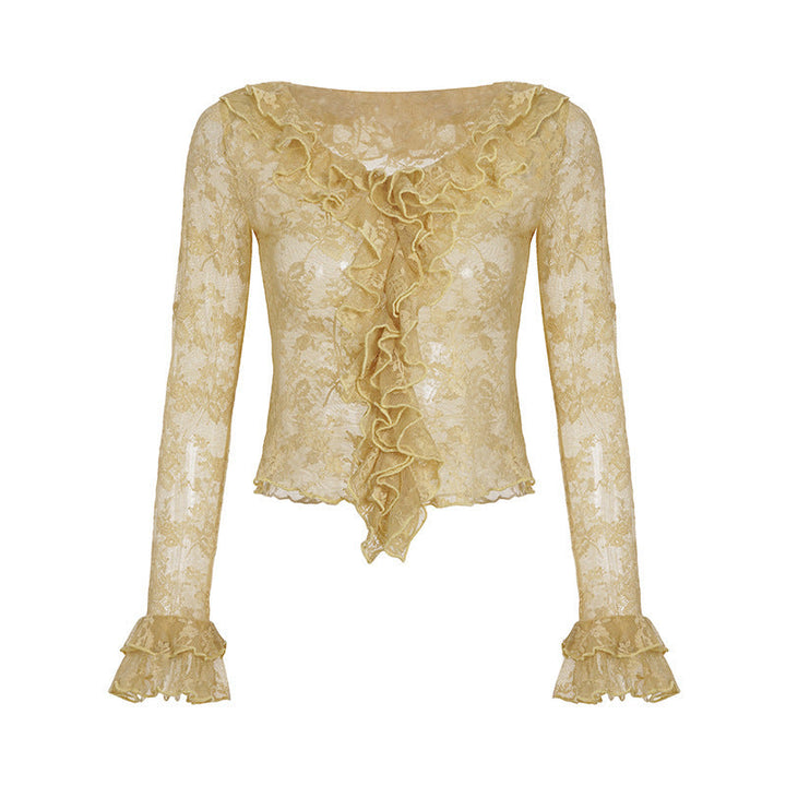 Klassisk hvit dameskjorte med feminine volanger og spiss krage, et elegant valg for enhver garderobe.