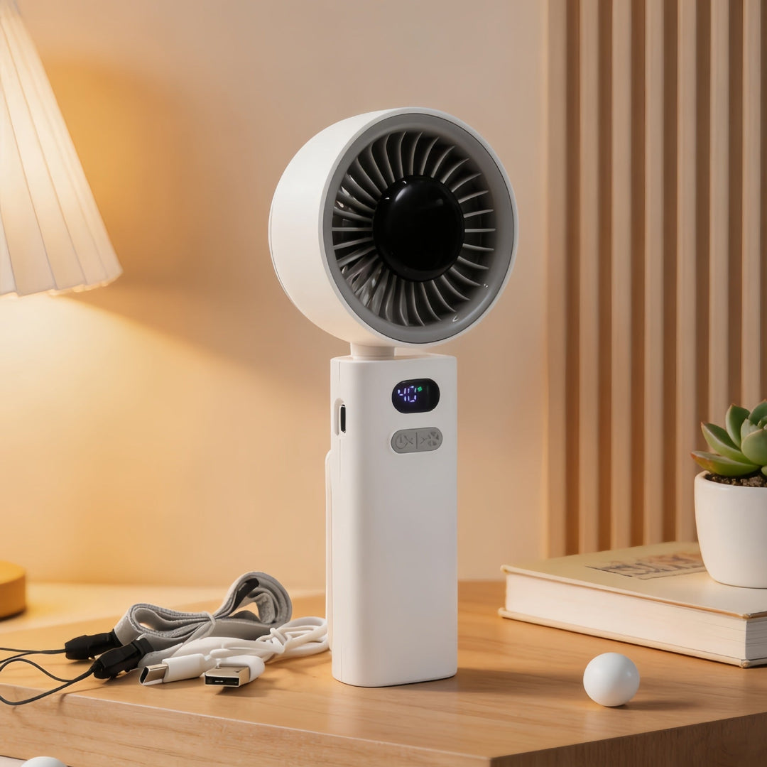 Teknologisk USB-vifte med digital hastighetsindikator, designet for effektiv og stillegående kjøling.