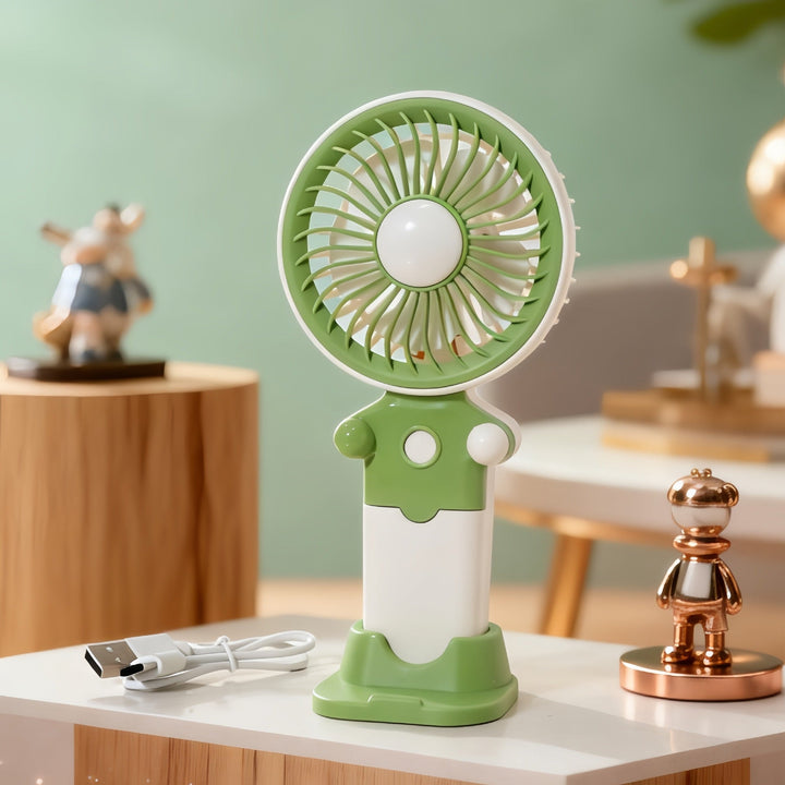 Elegant dame USB-vifte med slank design og fleksibelt stativ, essensiell for personlig komfort.