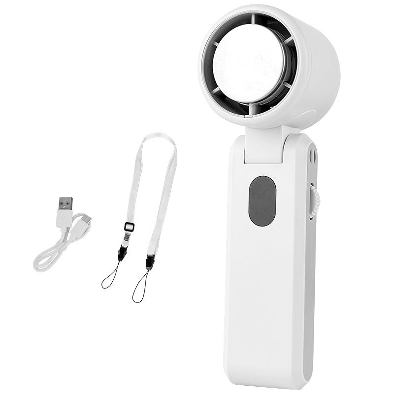 Hvit, bærbar USB mini-vifte for kvinner, ideell for personlig kjøling på reise, kontor eller sommerbruk.