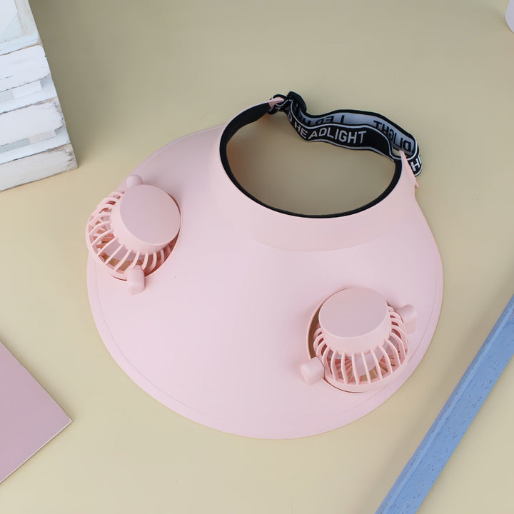 Bærbar kjølevifte solvisir i flere farger (rosa, beige, hvit), unisex design for kjølige sommerdager. Kjølehatt.