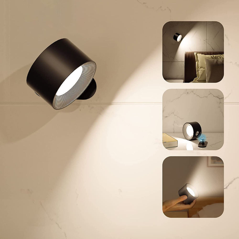Roterende trådløs LED vegglampe i moderne design, ideell for fleksibel belysning og leselampe.