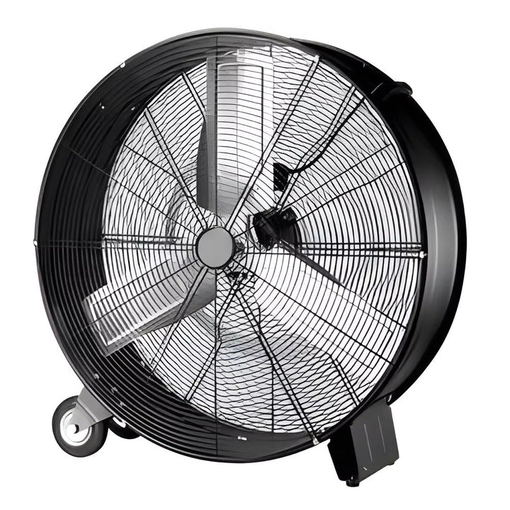Mobil industriell gulvvifte med hjul, perfekt for fleksibel ventilasjon og kjøling i fabrikker og store rom.