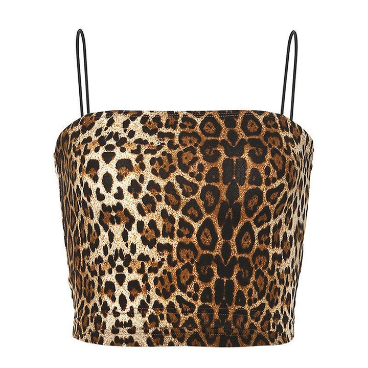 Brun leopardmønster crop-top for kvinner. Dame stroppetopp med justerbare stropper, trendy for sommeren.
