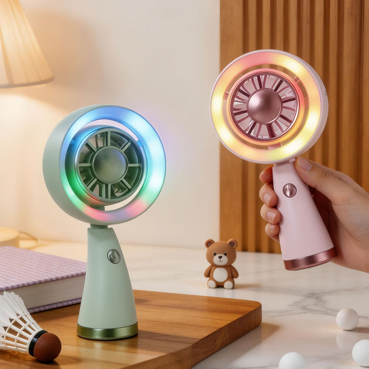 Stilren bærbar minivifte med fargerikt LED-lys, en kul gadget for varme sommerdager.