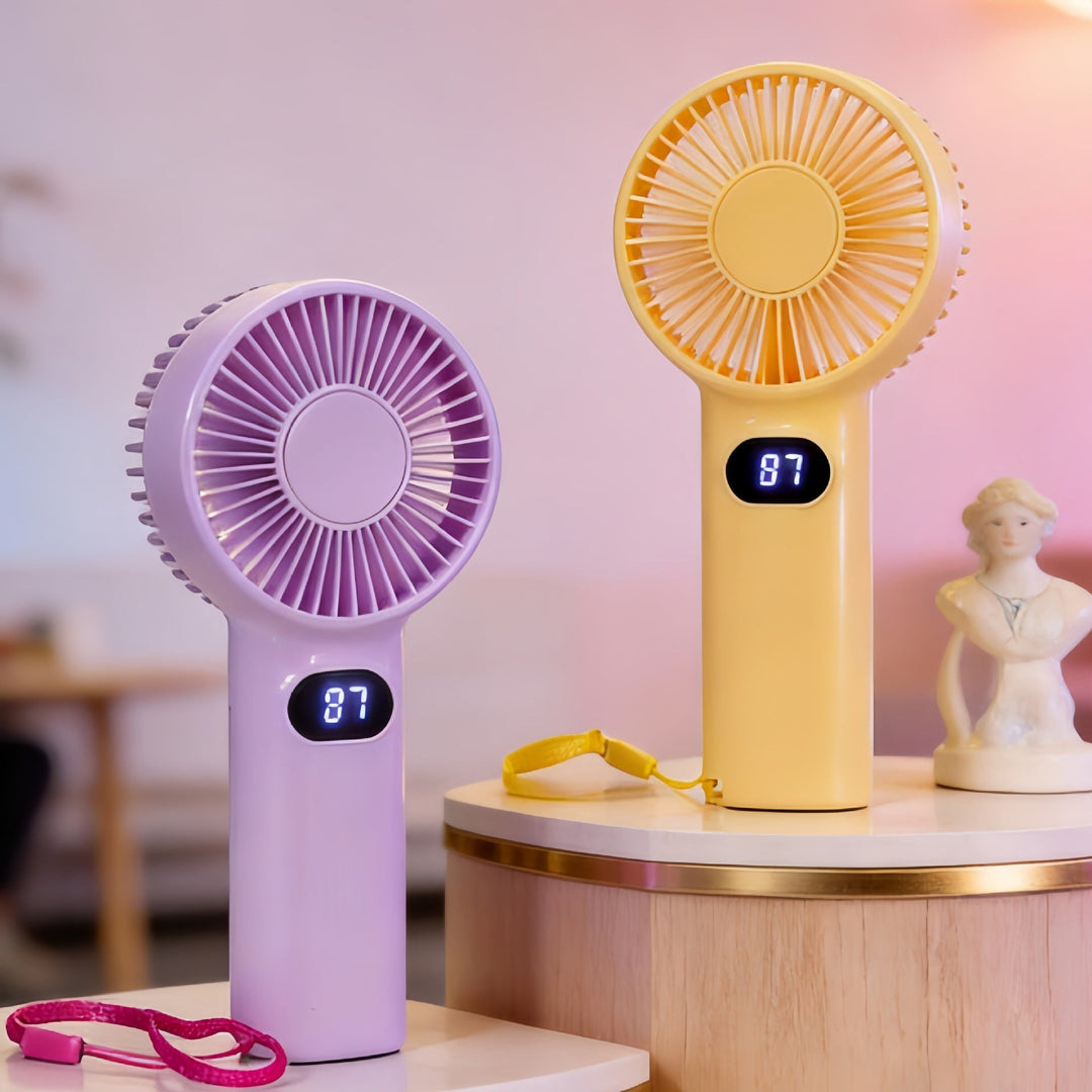 Bærbar håndvifte med digital temperaturvisning, perfekt for kjøling på sommer og reise.