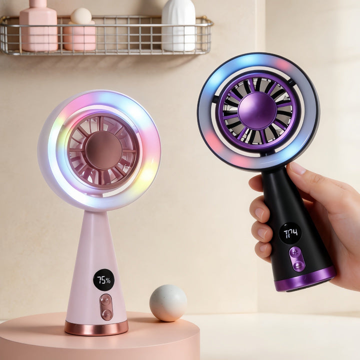 Praktisk bærbar personlig vifte med RGB-lys og temperaturdisplay, perfekt sommerutstyr.