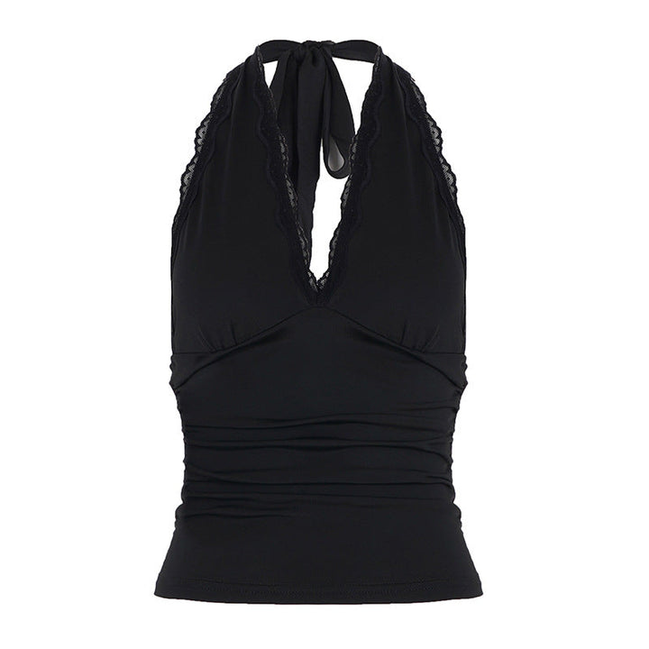 Dame halterneck topp, svart V-hals, elegant og stilfull, perfekt for en moteriktig look.