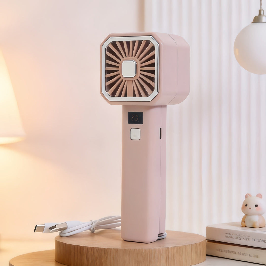 Innovativ dame håndvifte med digitalt hastighetsdisplay og oppladbar funksjon.