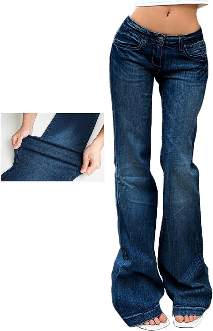 Mørkeblå dame bootcut jeans med høyt liv og stretch; komfortabel og stilfull jeans for kvinner i alle settinger.