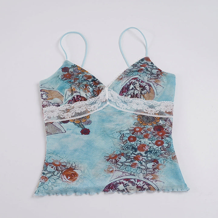 Allsidig dame spiss-camisole med blomstertrykk, kan styles elegant til fest eller avslappet til hverdag.