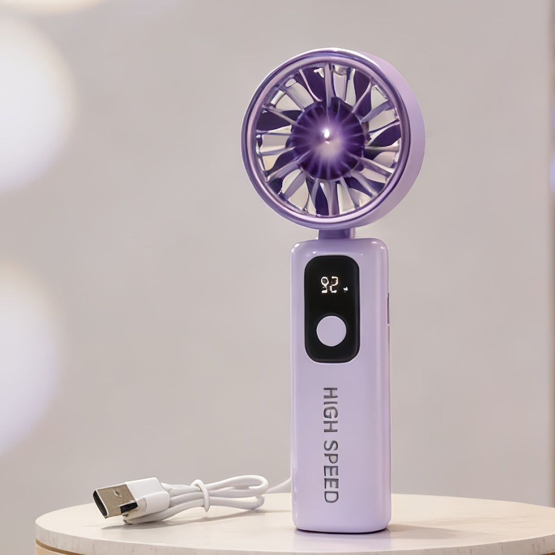 Ergonomisk kompakt vifte med LED-skjerm, perfekt for komfortabel kjøling på farten.