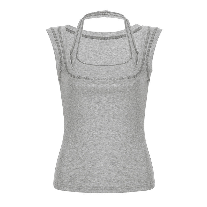 Grå funksjonell tanktop for dame. Komfortabel sportstopp med doble stropper for trening, sommer og aktiv bruk.