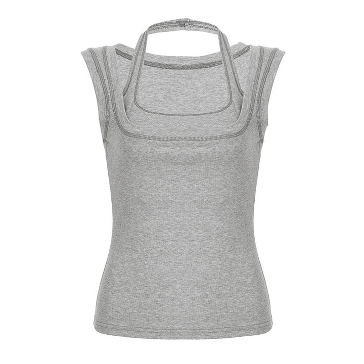 Grå funksjonell tanktop for dame. Komfortabel sportstopp med doble stropper for trening, sommer og aktiv bruk.