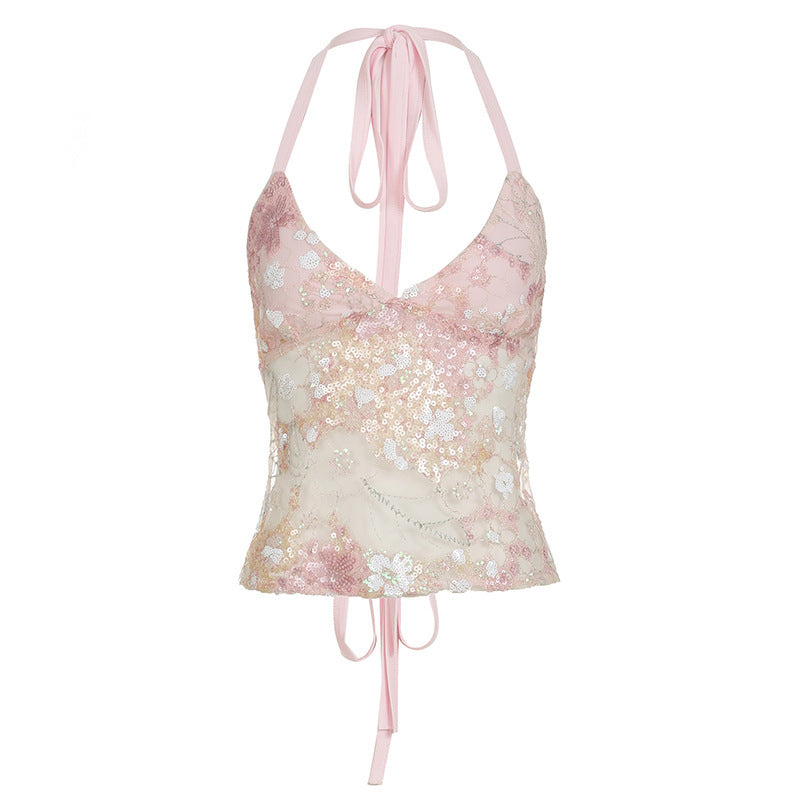 Lett og luftig dame blonde bandeau topp med søte blomster og komfortable justerbare stropper, for sommer.