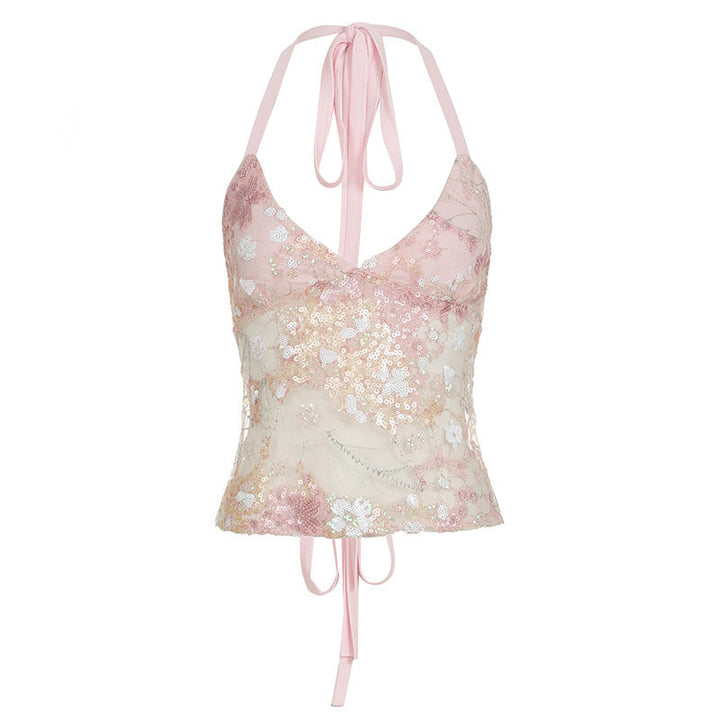 Lett og luftig dame blonde bandeau topp med søte blomster og komfortable justerbare stropper, for sommer.