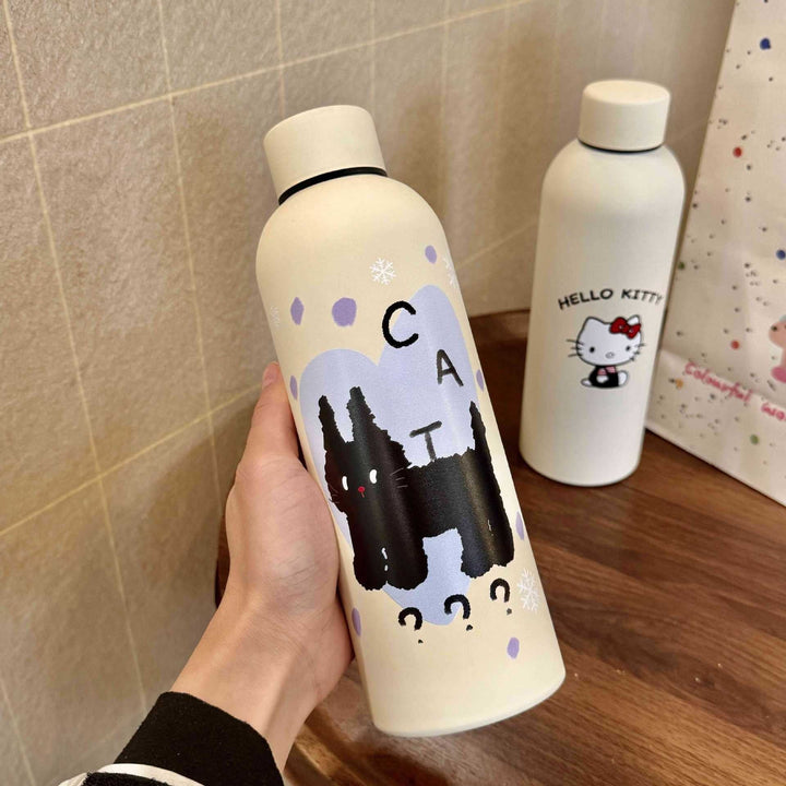 Svart Hello Kitty 500ml drikkeflaske, miljøvennlig rustfritt stål termos. Ideell reiseflaske for damer.