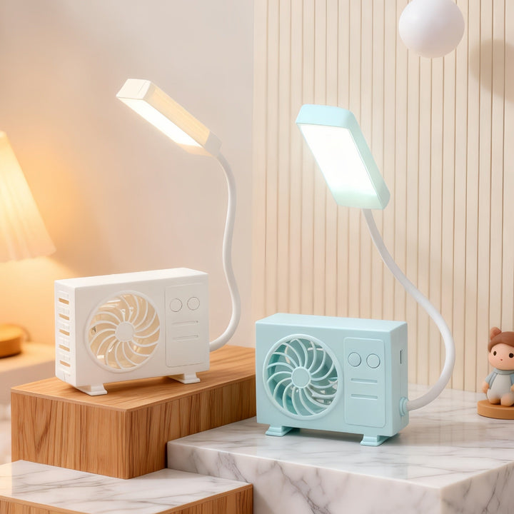 Multifunksjonell bordlampe med justerbart LED-lys, vifte og speil; perfekt for sminke og skrivebord.