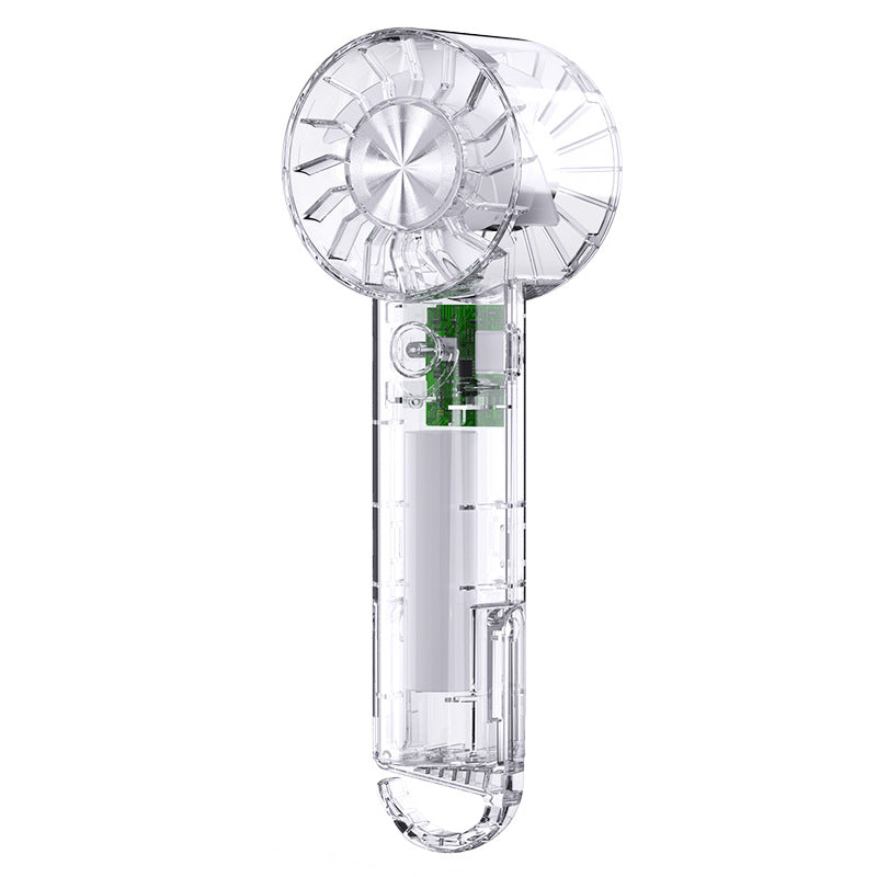 Elegant, transparent håndholdt mini vifte for dame, gir kjølig komfort på farten om sommeren.