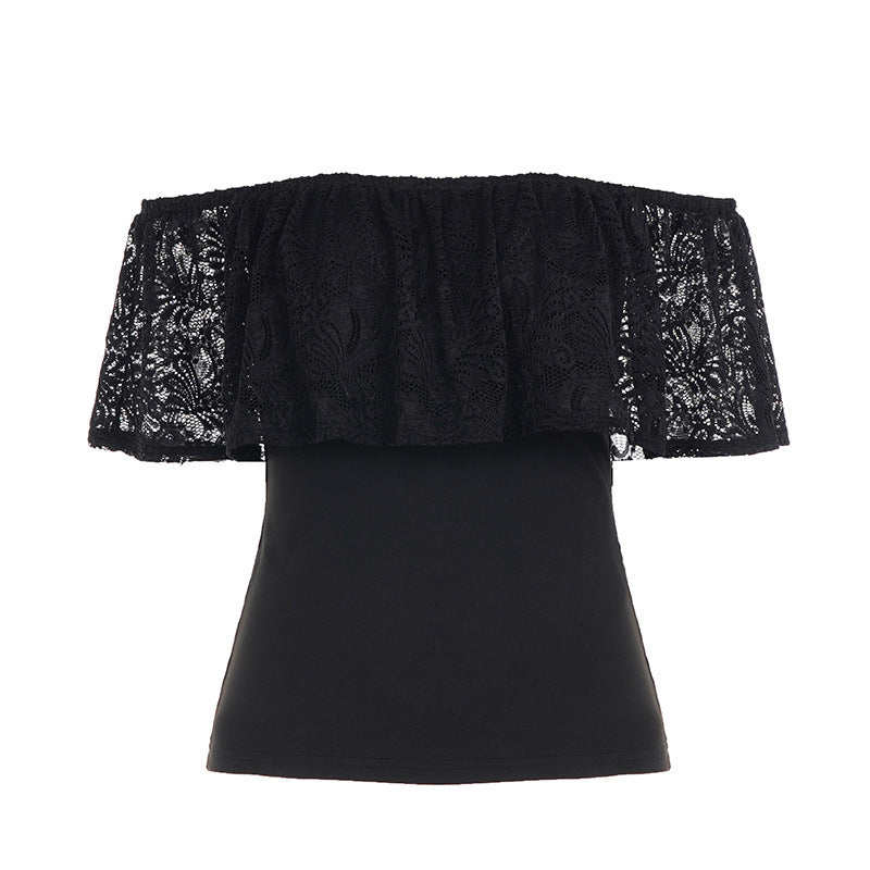 Dame off-shoulder topp i svart med volanger og blonder. Stilig og komfortabel sommertopp og festtopp.