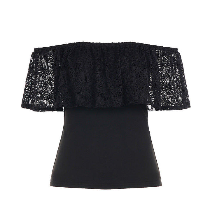 Dame off-shoulder topp i svart med volanger og blonder. Stilig og komfortabel sommertopp og festtopp.