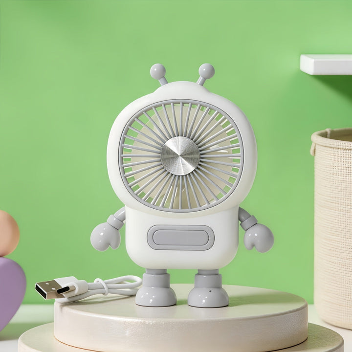 Hold deg avkjølt med denne bærbare miniviften i robotdesign. USB-ladbar, perfekt for sommer og reise.