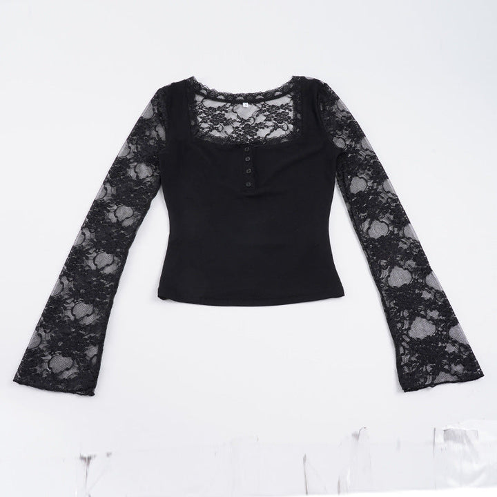 Allsidig langermet damebluse. Klassisk stil med blonder og knappedetaljer. Ideell for hverdagsbruk.
