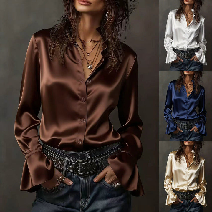 Elegant damebluse med delikate rysjer på ermene, perfekt for både fest og hverdag. Kvinneklær, langermet.