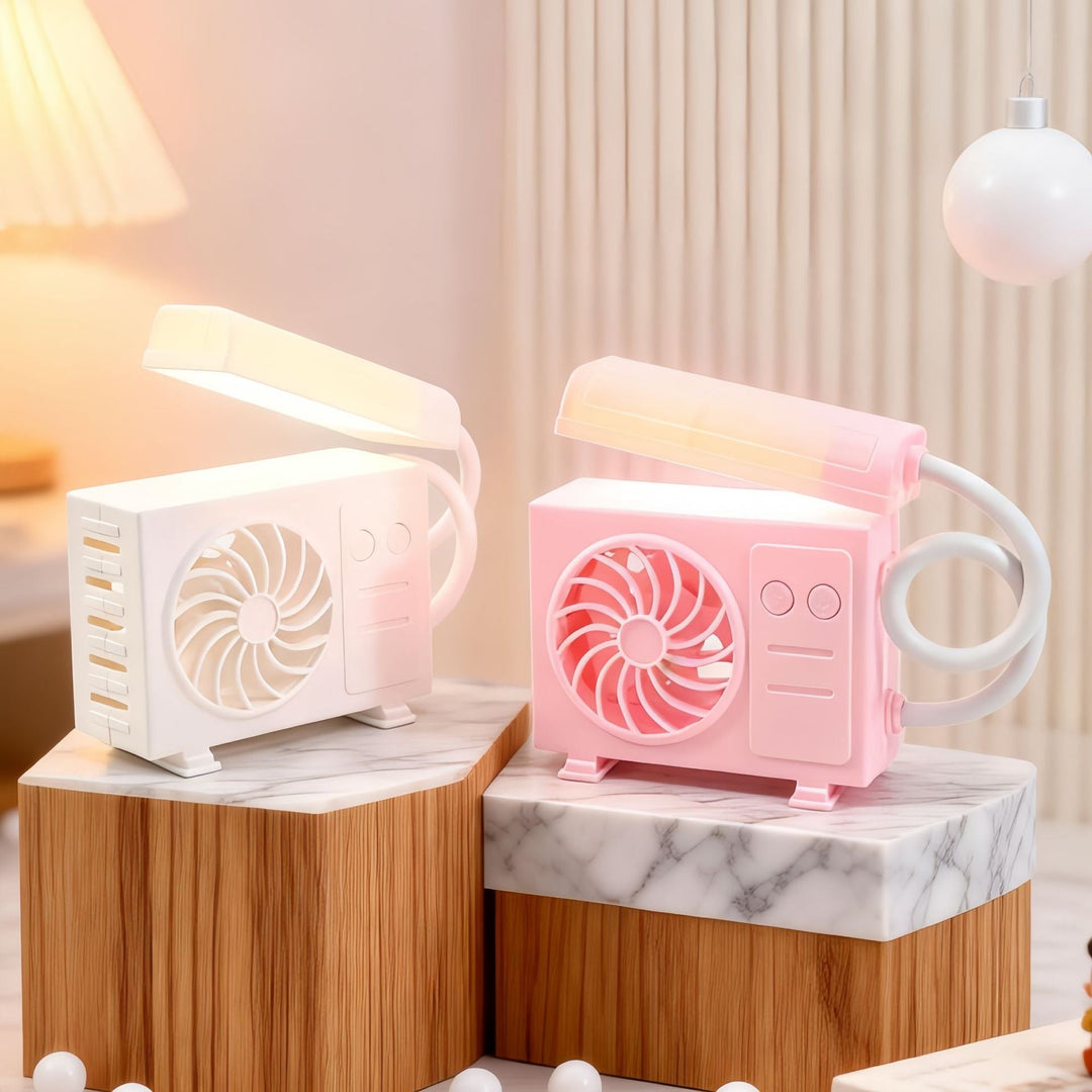 Elegant nattbordslampe med integrert vifte, justerbart LED-lys og sminkespeil for optimal komfort.