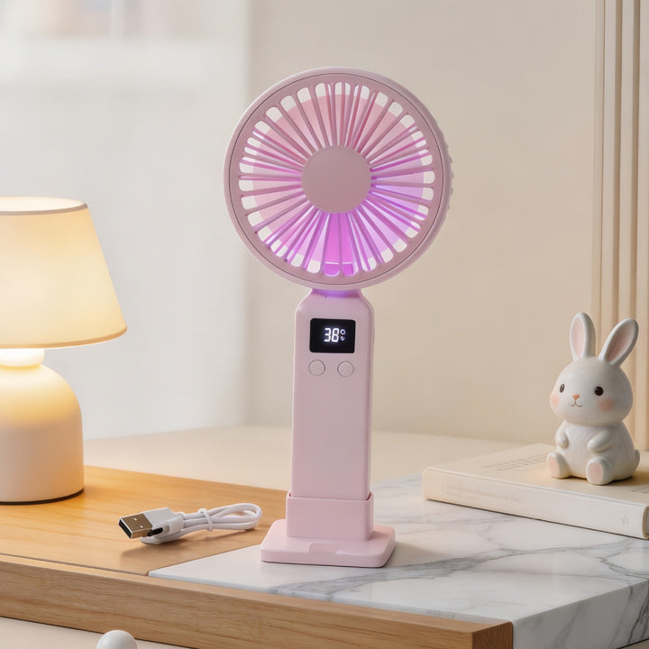 Rosa minivifte med LCD og USB-lading, designet for kvinner; perfekt for kontoret eller vesken.