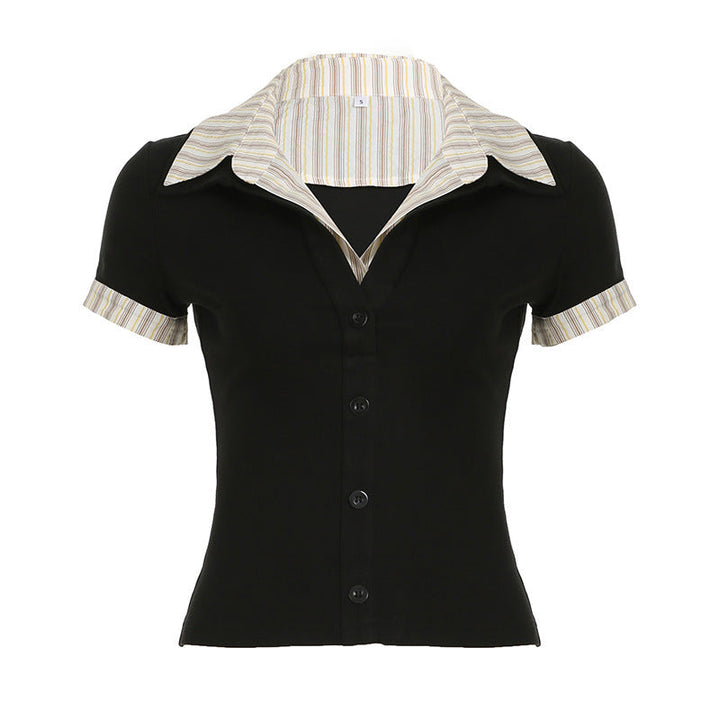 Trendy dame kortermet skjorte med elegant kontrastkrage, moderne stil for chic sommer- og fritidsbruk.