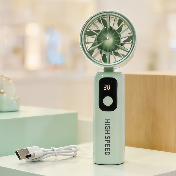 USB-ladbar håndvifte med digital LED-skjerm, kompakt design for personlig kjøling.