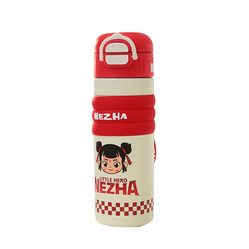 Miljøvennlig hvit 520ml isolert drikkeflaske med søtt karakterdesign. BPA-fri unisex vannflaske med praktisk bæresnor.