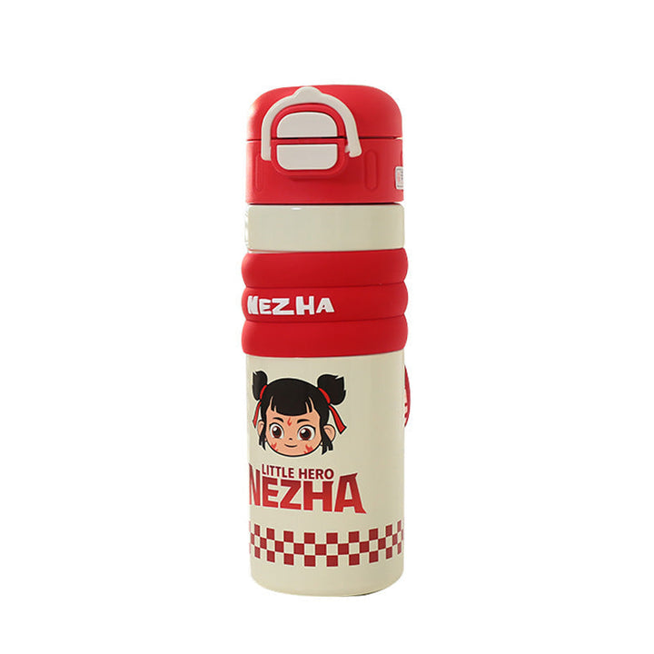 Miljøvennlig hvit 520ml isolert drikkeflaske med søtt karakterdesign. BPA-fri unisex vannflaske med praktisk bæresnor.