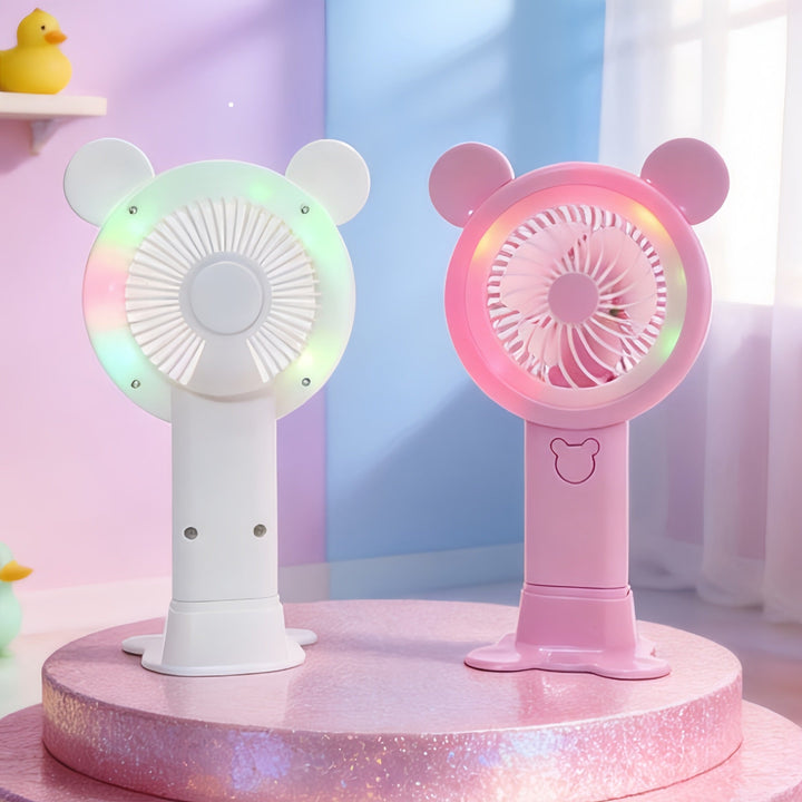 Rosa bærbar håndvifte med søtt kanindesign, innebygd LED og oppladbar via USB, perfekt for barn.