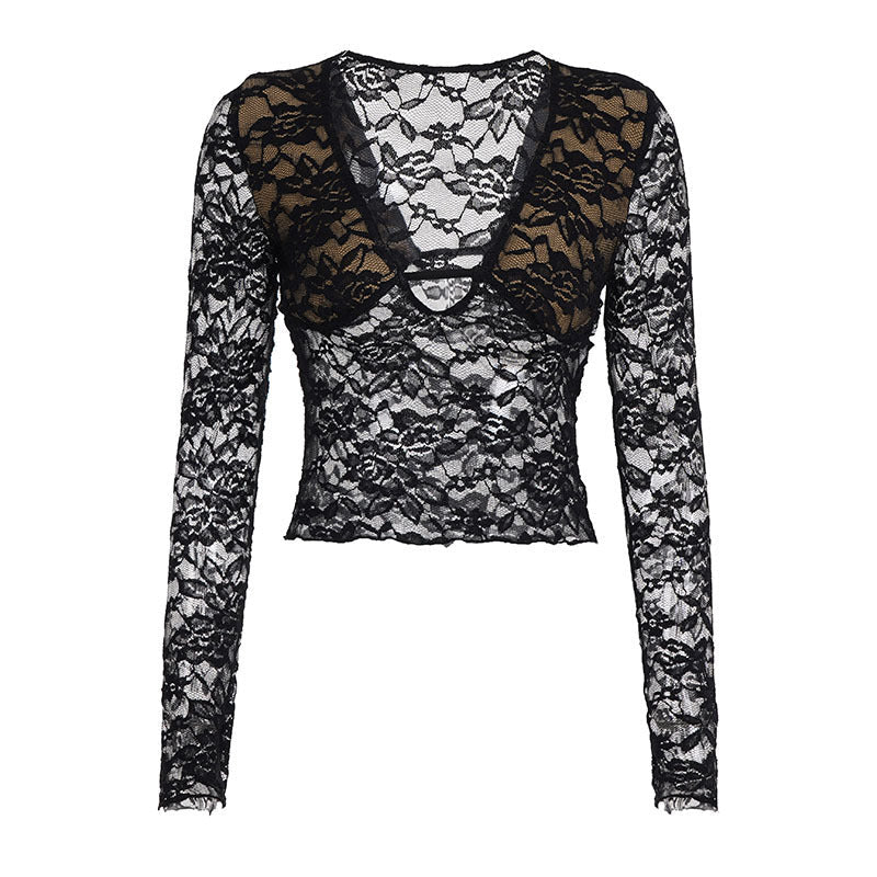 Moderne dame spissoverdel med transparente paneler og V-hals. Elegant langermet bluse.