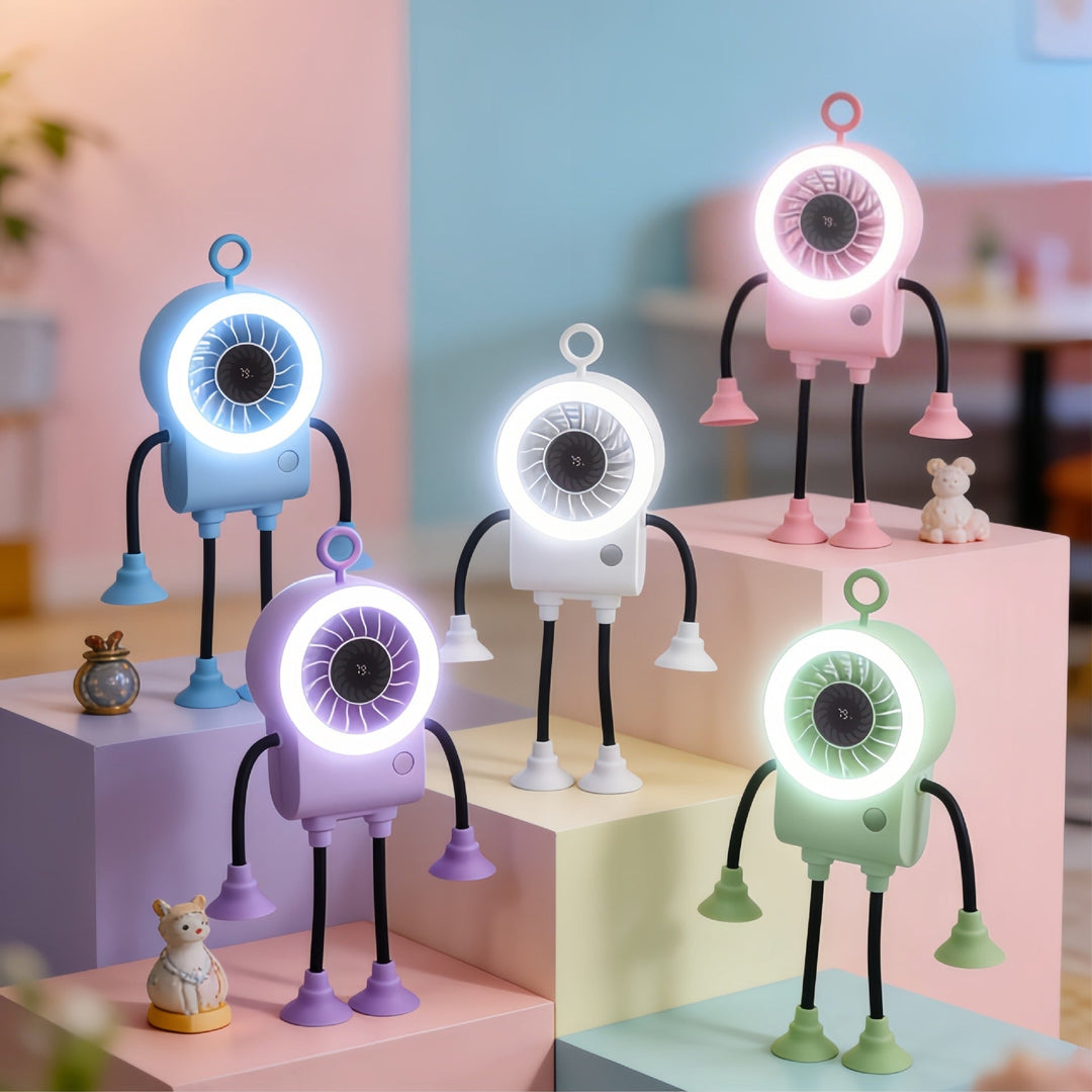 Kompakt USB-vifte i hvitt med dekorativt LED-lys, ideell for skrivebord på kontoret eller soverommet.