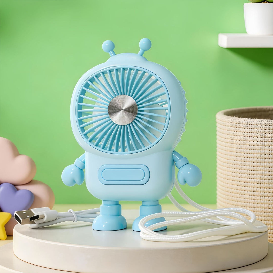 Rosa robot mini-vifte, perfekt som kontorgadget og bærbar kjøling under reise.