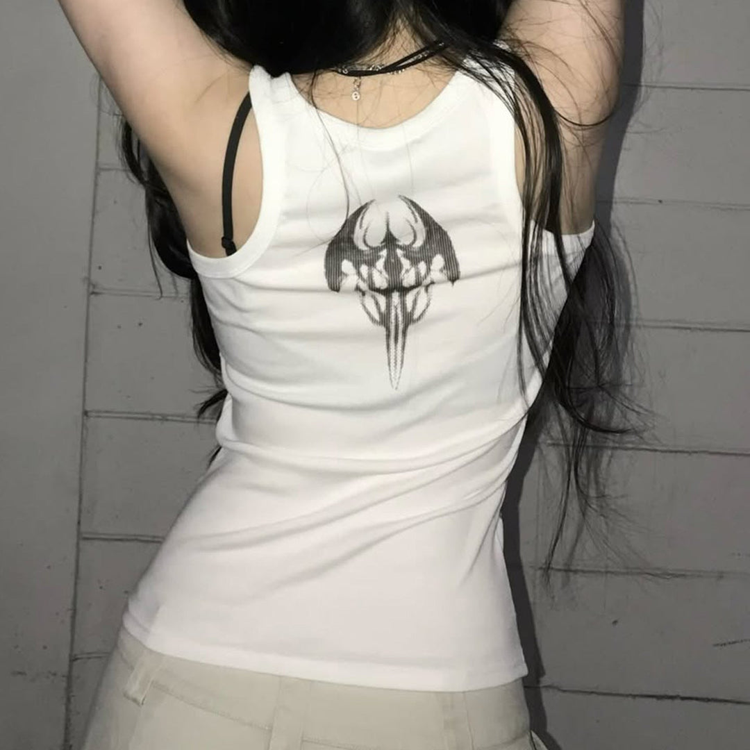 Komfortabel dame tanktopp, oversized med kult grafisk trykk og stilige volanger.