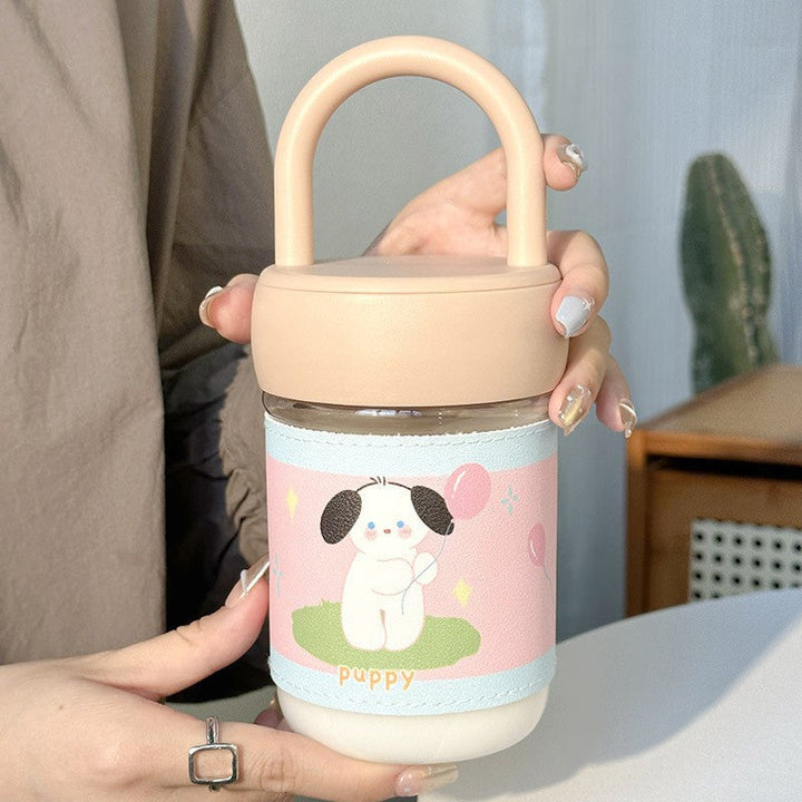 Søtt rosa drikkebeger for dame, 420 ml, med lekent hundedesign. Bærbar, lekkasjesikker kopp for hverdagsbruk.