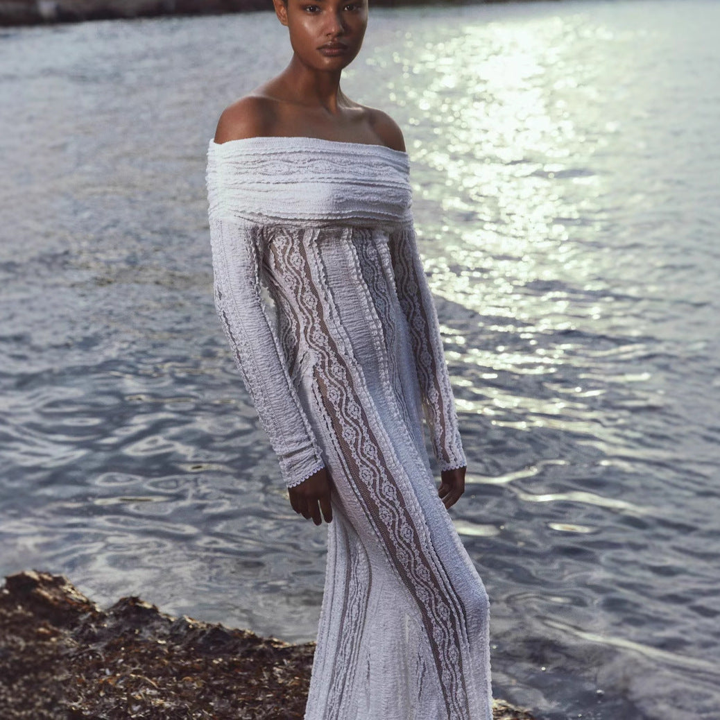 Stilren off-shoulder spisskjole i hvitt for kvinner. En elegant festkjole for bryllupsgjest eller selskap.